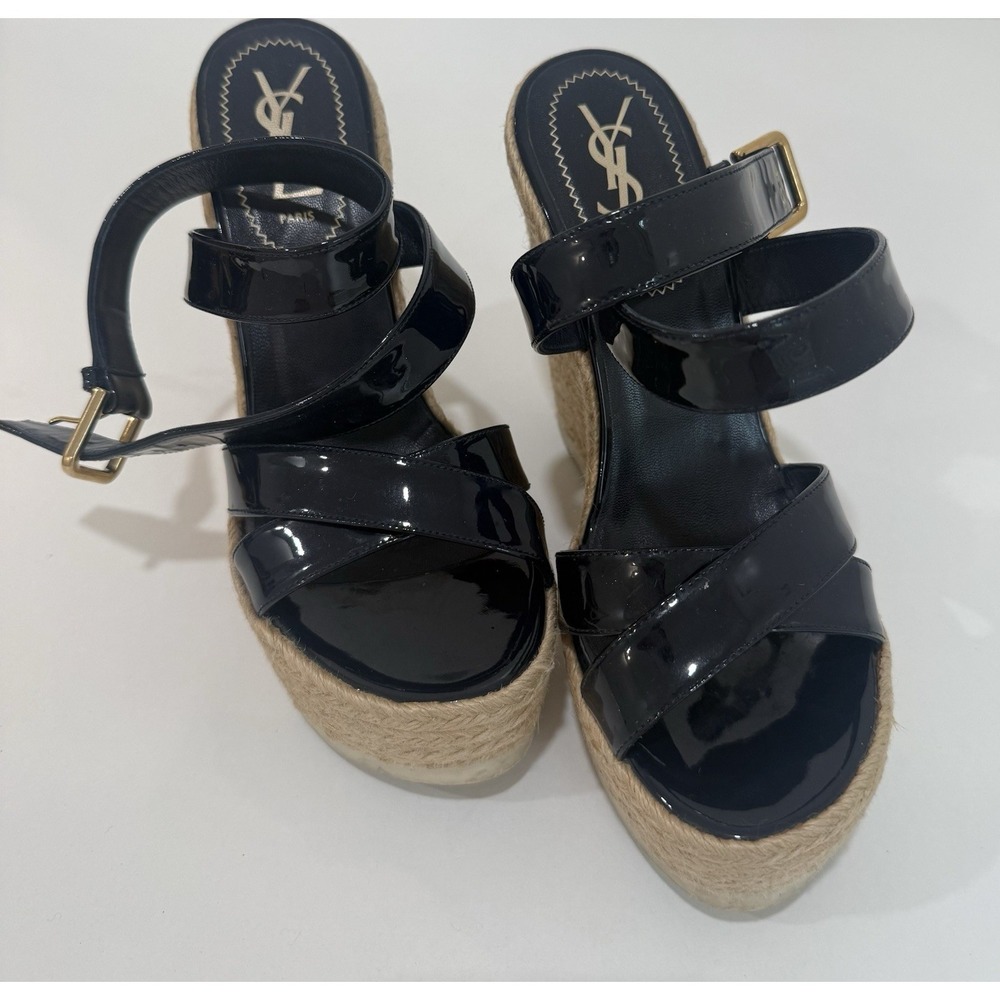 Yves Saint Laurent Espadrille Wedge Sandals Shoes Dark Blue Leather Size 37.5‎
